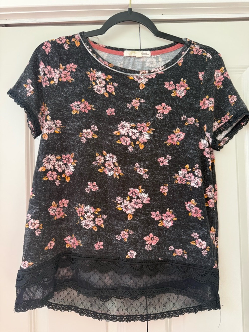 Rewind Black Short Sleeve Tee with Pink Floral & Lace Hem